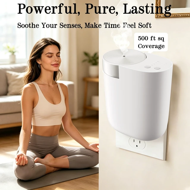 Alt view image 4 of 7 - Waterless Diffuser for Essential Oil, Plug in Wall Scent Diffuser for Home, Quiet Cold Air Aromatherapy Diffuser with 500 Sq Ft Coverage, Includes 2×30ml Hotel-Inspired Oils (White)