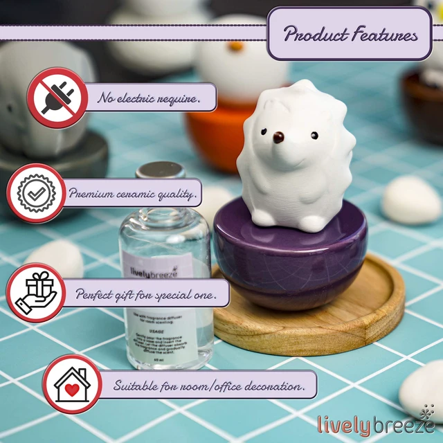 Alt view image 4 of 7 - Spiky Hedgehog, Non-Electric Ceramic Diffusers for Essential Oils and Aromatherapy Fragrance, White Ceramic Diffusers in Car or Desk Office Decor and Small Bathroom at Home, Purple Vase