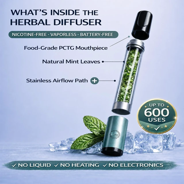 Alt view image 7 of 7 - Herbal Diffuser Pen 2 Pack, Mint Non-Electric Personal Aroma Stick | For Adult Daily Use, Portable for Desk Breaks, Travel, Home, Gym and On-the-Go, PCTG Tip, Stainless Steel Tube, 600 Uses