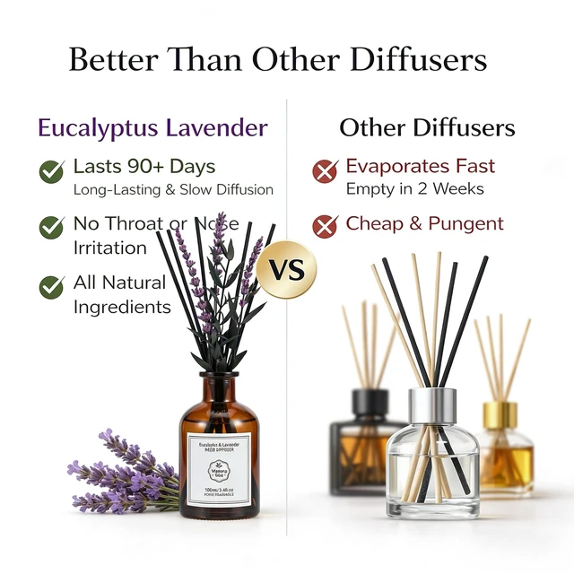 Alt view image 6 of 7 - Eucalyptus & Lavender Reed Diffuser, 3.34 Fl Oz | Calming Scent; Long-lasting for 12 Weeks for Bedroom, Bathroom, Living Room or Office; Gift-ready, Shelf Decor