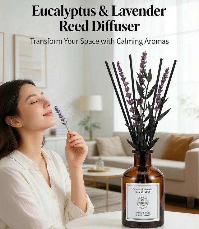 Alt view image 4 of 7 - Eucalyptus & Lavender Reed Diffuser, 3.34 Fl Oz | Calming Scent; Long-lasting for 12 Weeks for Bedroom, Bathroom, Living Room or Office; Gift-ready, Shelf Decor