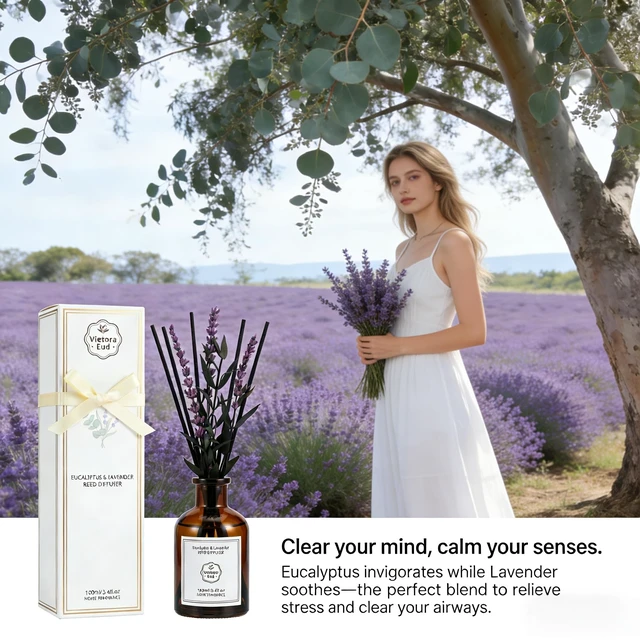 Alt view image 2 of 7 - Eucalyptus & Lavender Reed Diffuser, 3.34 Fl Oz | Calming Scent; Long-lasting for 12 Weeks for Bedroom, Bathroom, Living Room or Office; Gift-ready, Shelf Decor