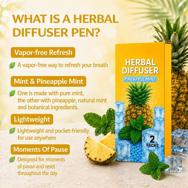 Alt view image 2 of 7 - Herbal Diffuser Pen 2 Pack, Mint & Pineapple Non-Electric Aroma Stick | For Adult Daily Use, Portable for Desk Breaks, Travel, Home, Gym and On-the-Go, PCTG Tip, Stainless Steel Tube, 600 Uses