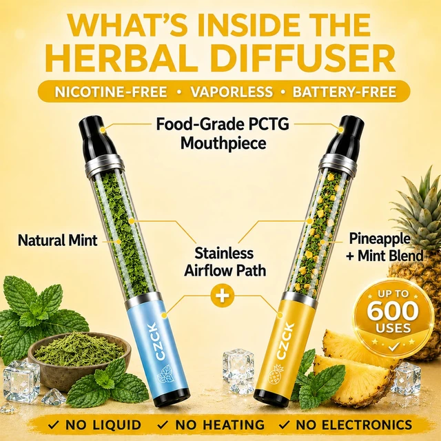 Alt view image 7 of 7 - Herbal Diffuser Pen 2 Pack, Mint & Pineapple Non-Electric Aroma Stick | For Adult Daily Use, Portable for Desk Breaks, Travel, Home, Gym and On-the-Go, PCTG Tip, Stainless Steel Tube, 600 Uses