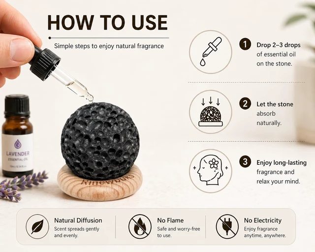 Alt view image 4 of 7 - Lava Rock Diffuser, Natural Essential Oil Diffuser Stone with Beech Wood Base, Flame Free and Electricity Free,Aromatherapy for Home, Bedroom, Office, Yoga