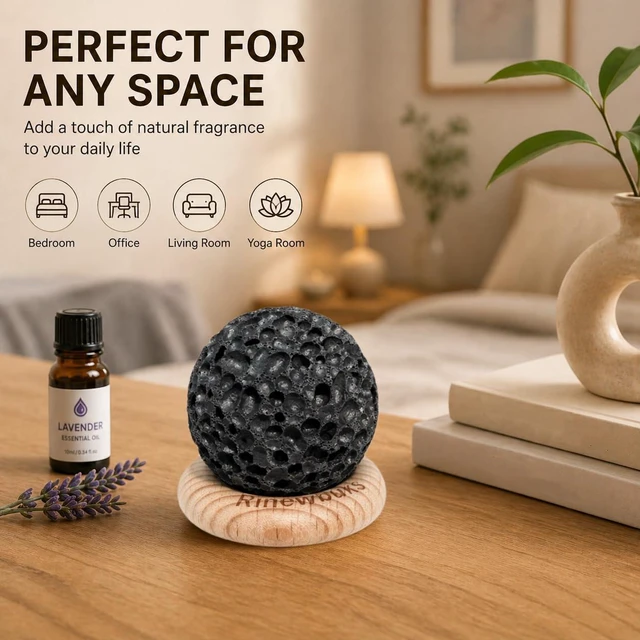 Alt view image 6 of 7 - Lava Rock Diffuser, Natural Essential Oil Diffuser Stone with Beech Wood Base, Flame Free and Electricity Free,Aromatherapy for Home, Bedroom, Office, Yoga