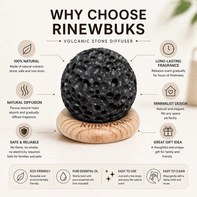 Alt view image 5 of 7 - Lava Rock Diffuser, Natural Essential Oil Diffuser Stone with Beech Wood Base, Flame Free and Electricity Free,Aromatherapy for Home, Bedroom, Office, Yoga