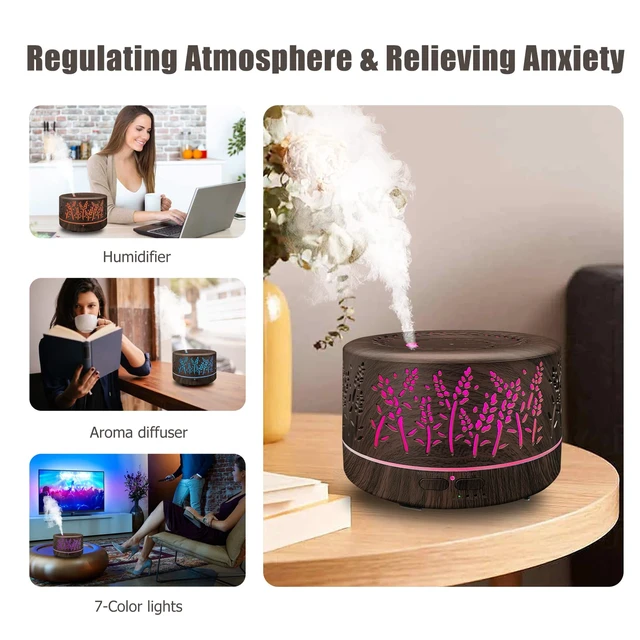 Alt view image 5 of 7 - Diffusers for Essential Oils Large Room 600ml,Essential Oil Diffusers for Home with R/C,Cool Mist Humidifier,7 Colors Lights & 3 Mist Mode Waterless Auto Off for Office