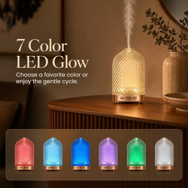 Alt view image 2 of 7 - Essential Oil Diffuser for Home, 120ML Dimond Glass | 7 Color Lights, Quiet Aromatheray Diffuser, Timer & Auto-Shut-Off for Bedroom & Living Room, Home Decor and Gift for Women