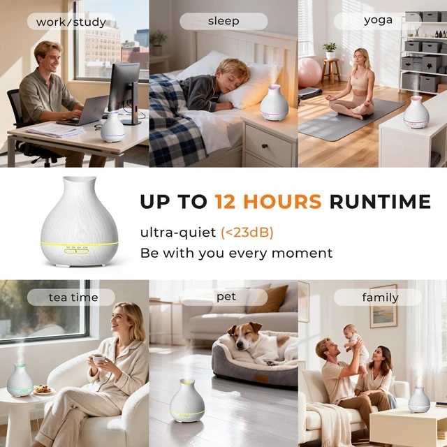 Alt view image 3 of 7 - Aromatherapy Essential Oil Diffuser 550ml 12 Hours White Wood Grain Aroma Diffuser with Timer for Large Room, Home, Baby Bedroom, Waterless Auto Shut-Off, 7 Colors Lights Changing