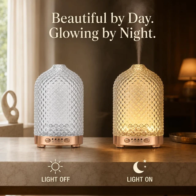 Alt view image 6 of 7 - Essential Oil Diffuser for Home, 120ML Dimond Glass | 7 Color Lights, Quiet Aromatheray Diffuser, Timer & Auto-Shut-Off for Bedroom & Living Room, Home Decor and Gift for Women