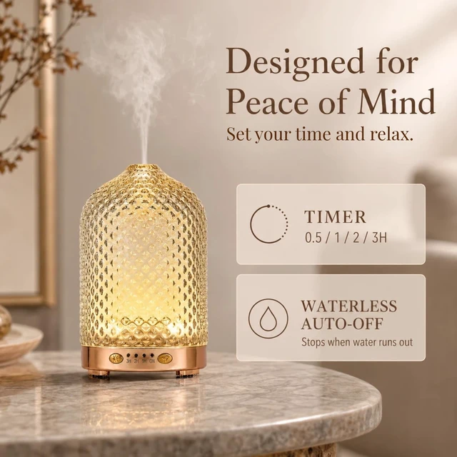 Alt view image 7 of 7 - Essential Oil Diffuser for Home, 120ML Dimond Glass | 7 Color Lights, Quiet Aromatheray Diffuser, Timer & Auto-Shut-Off for Bedroom & Living Room, Home Decor and Gift for Women