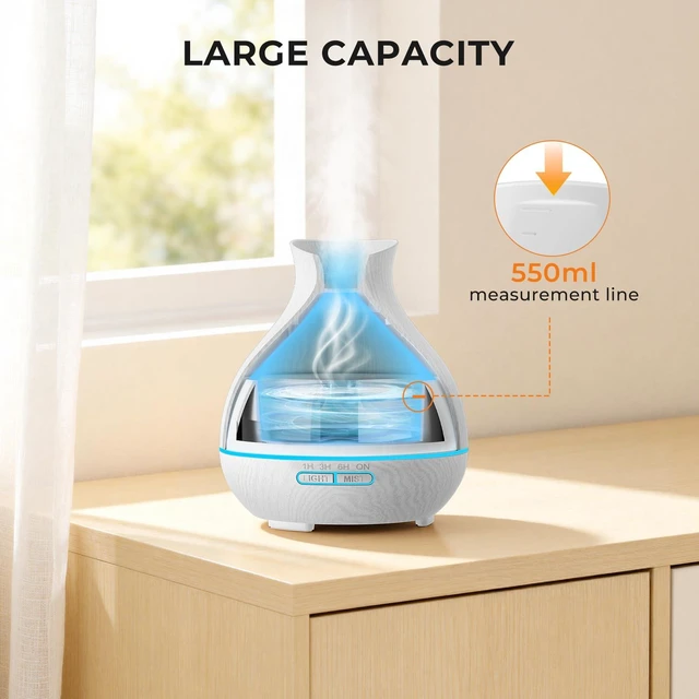 Alt view image 6 of 7 - Aromatherapy Essential Oil Diffuser 550ml 12 Hours White Wood Grain Aroma Diffuser with Timer for Large Room, Home, Baby Bedroom, Waterless Auto Shut-Off, 7 Colors Lights Changing