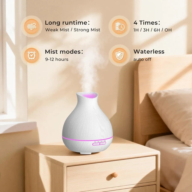 Alt view image 4 of 7 - Aromatherapy Essential Oil Diffuser 550ml 12 Hours White Wood Grain Aroma Diffuser with Timer for Large Room, Home, Baby Bedroom, Waterless Auto Shut-Off, 7 Colors Lights Changing