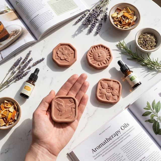 Alt view image 3 of 7 - 4 Pcs Ceramic Passive Diffuser for Essential Oil Non Electric | Stone Aromatherapy Oil Diffuser, Hummingbirds Daisies Sun Lotus Flowers, Office Bathroom Decor, Terracotta Housewarming Gift