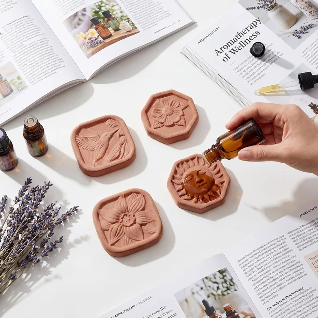 Alt view image 4 of 7 - 4 Pcs Ceramic Passive Diffuser for Essential Oil Non Electric | Stone Aromatherapy Oil Diffuser, Hummingbirds Daisies Sun Lotus Flowers, Office Bathroom Decor, Terracotta Housewarming Gift