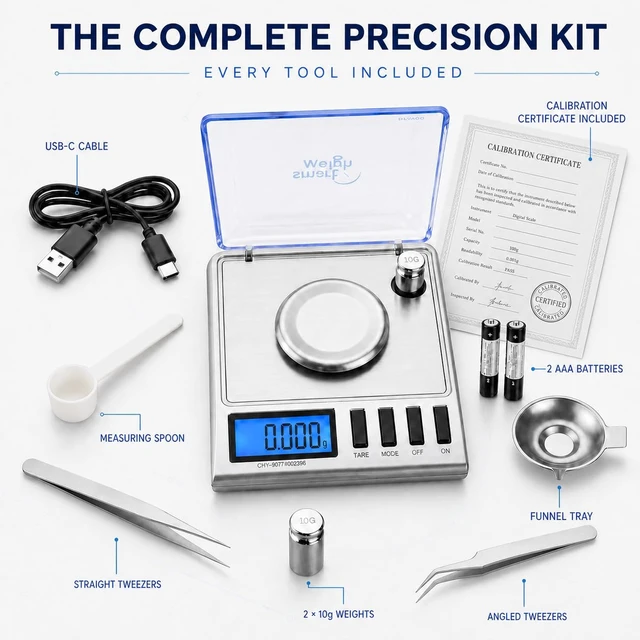 Alt view image 2 of 7 - GEM20 Milligram Jewelry Scale, 20g x 0.001g, USB-C or AAA Powered, Spoon & 2 Tweezers
