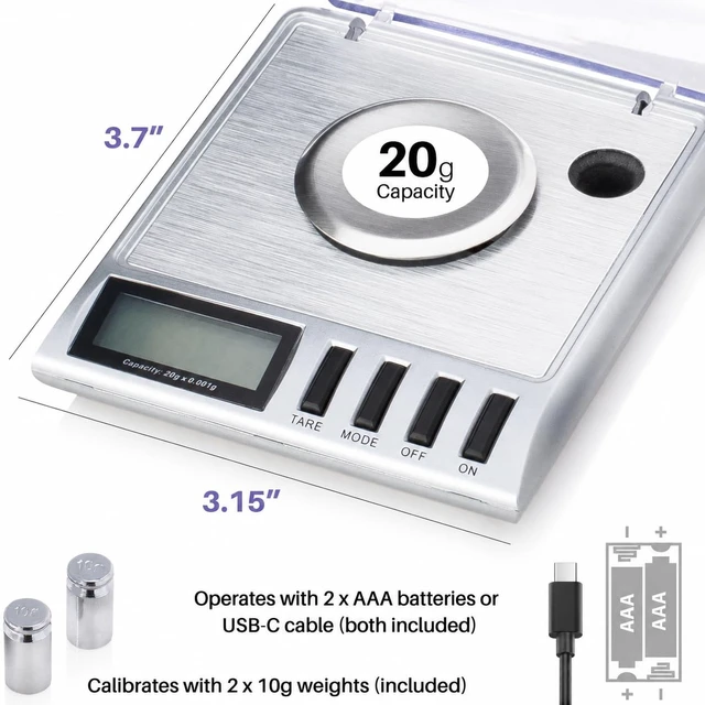 Alt view image 3 of 7 - GEM20 Milligram Jewelry Scale, 20g x 0.001g, USB-C or AAA Powered, Spoon & 2 Tweezers