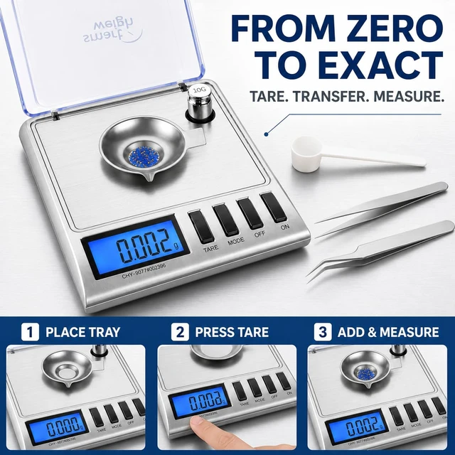 Alt view image 4 of 7 - GEM20 Milligram Jewelry Scale, 20g x 0.001g, USB-C or AAA Powered, Spoon & 2 Tweezers