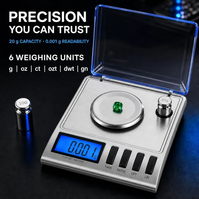 Alt view image 7 of 7 - GEM20 Milligram Jewelry Scale, 20g x 0.001g, USB-C or AAA Powered, Spoon & 2 Tweezers