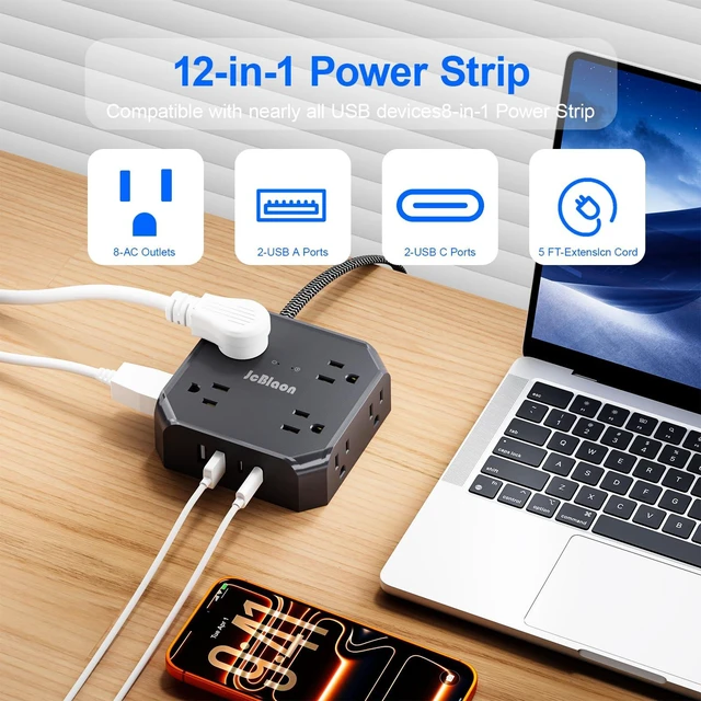 Alt view image 2 of 7 - Power Strip Surge Protector, Multi Plug wall Outlet with 8 AC Outlet 4 USB(2 USB C), 4-Sided 1050J Outlet Extender with 5FT Flat Extension Cord for Home Office Dorm Room Essentials(Black)