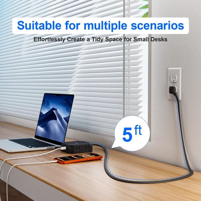 Alt view image 3 of 7 - Power Strip Surge Protector, Multi Plug wall Outlet with 8 AC Outlet 4 USB(2 USB C), 4-Sided 1050J Outlet Extender with 5FT Flat Extension Cord for Home Office Dorm Room Essentials(Black)