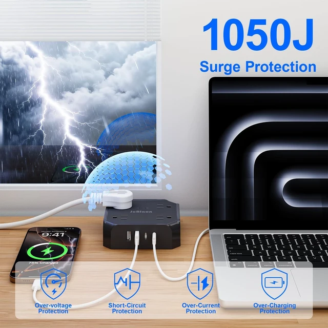 Alt view image 4 of 7 - Power Strip Surge Protector, Multi Plug wall Outlet with 8 AC Outlet 4 USB(2 USB C), 4-Sided 1050J Outlet Extender with 5FT Flat Extension Cord for Home Office Dorm Room Essentials(Black)