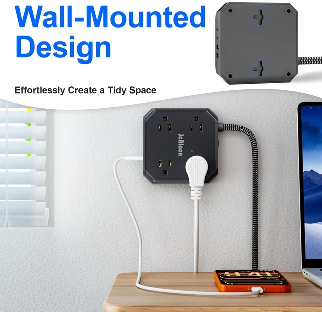 Alt view image 7 of 7 - Power Strip Surge Protector, Multi Plug wall Outlet with 8 AC Outlet 4 USB(2 USB C), 4-Sided 1050J Outlet Extender with 5FT Flat Extension Cord for Home Office Dorm Room Essentials(Black)