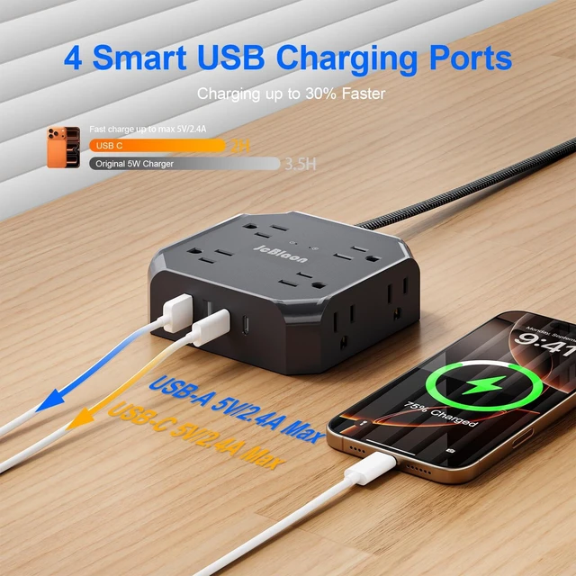 Alt view image 5 of 7 - Power Strip Surge Protector, Multi Plug wall Outlet with 8 AC Outlet 4 USB(2 USB C), 4-Sided 1050J Outlet Extender with 5FT Flat Extension Cord for Home Office Dorm Room Essentials(Black)