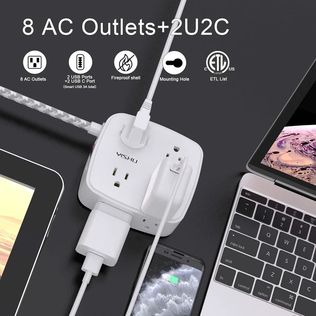 Alt view image 2 of 7 - Surge Protector Power Strip - 8 Outlets with 4 USB (2 USB C) Charging Ports, 10Ft Braided Extension Cord, Flat Plug Multi Plug Outlet Extender Charging Station for Home Office, ETL, White