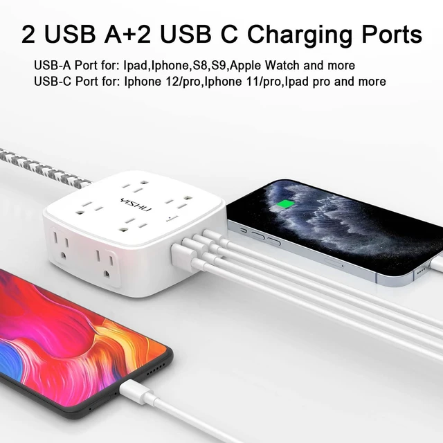 Alt view image 3 of 7 - Surge Protector Power Strip - 8 Outlets with 4 USB (2 USB C) Charging Ports, 10Ft Braided Extension Cord, Flat Plug Multi Plug Outlet Extender Charging Station for Home Office, ETL, White