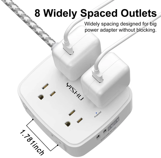 Alt view image 4 of 7 - Surge Protector Power Strip - 8 Outlets with 4 USB (2 USB C) Charging Ports, 10Ft Braided Extension Cord, Flat Plug Multi Plug Outlet Extender Charging Station for Home Office, ETL, White