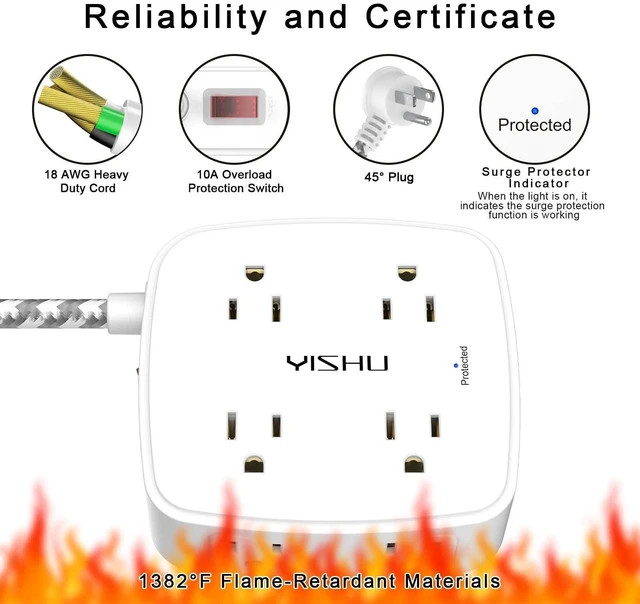 Alt view image 6 of 7 - Surge Protector Power Strip - 8 Outlets with 4 USB (2 USB C) Charging Ports, 10Ft Braided Extension Cord, Flat Plug Multi Plug Outlet Extender Charging Station for Home Office, ETL, White