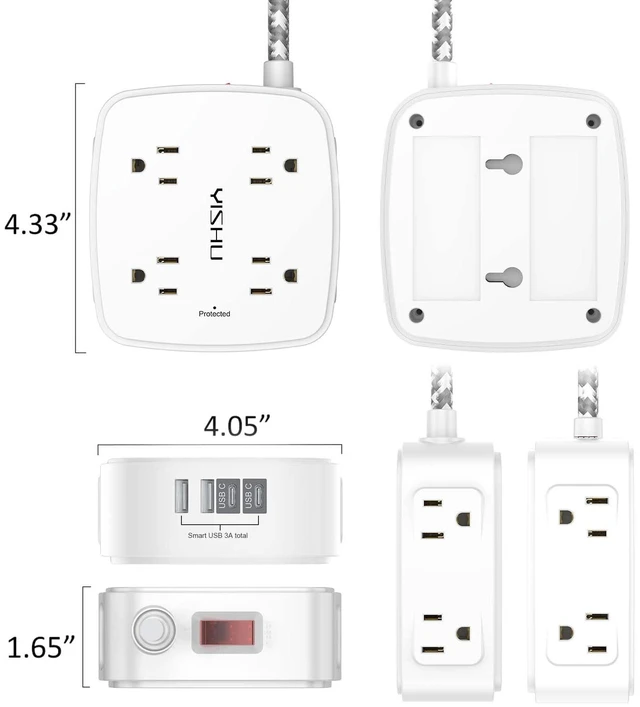 Alt view image 7 of 7 - Surge Protector Power Strip - 8 Outlets with 4 USB (2 USB C) Charging Ports, 10Ft Braided Extension Cord, Flat Plug Multi Plug Outlet Extender Charging Station for Home Office, ETL, White