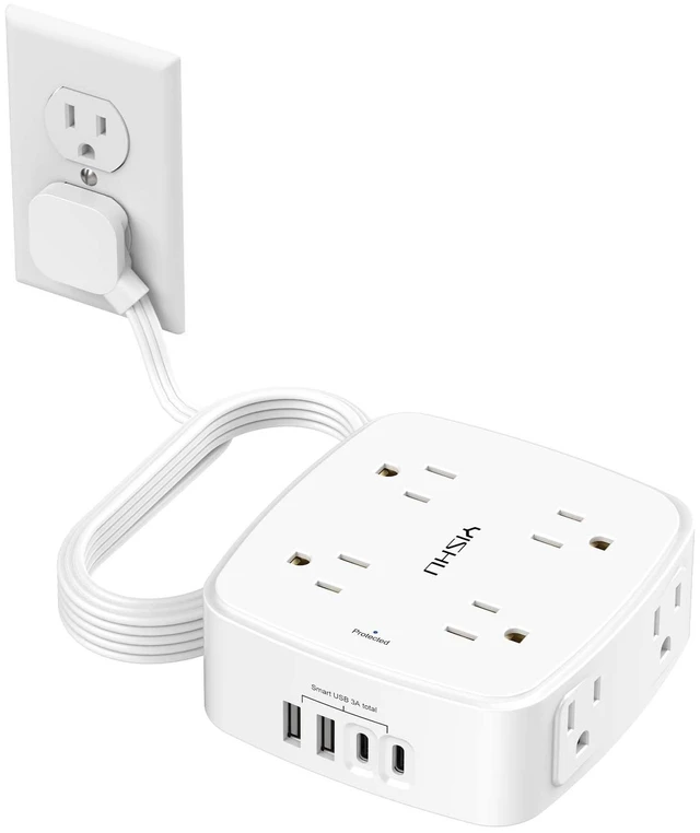 Main image of 10 Ft Surge Protector Power Strip - 8 Widely Outlets with 4 USB Ports, 3 Side Outlet Extender with 10 Feet Flat Extension Cord, Ultra Flat Plug, Wall Mount, Desk USB Charging Station, ETL, White