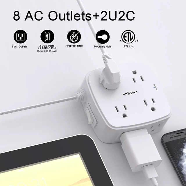 Alt view image 2 of 7 - 10 Ft Surge Protector Power Strip - 8 Widely Outlets with 4 USB Ports, 3 Side Outlet Extender with 10 Feet Flat Extension Cord, Ultra Flat Plug, Wall Mount, Desk USB Charging Station, ETL, White