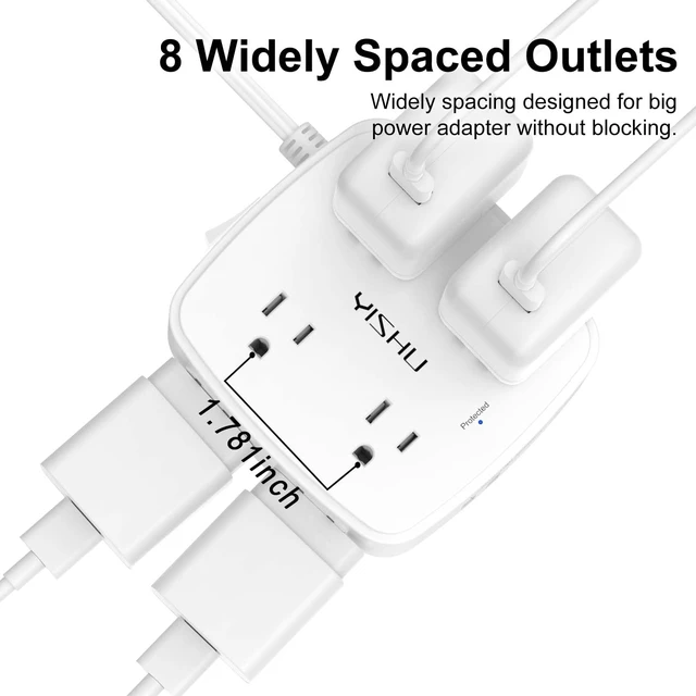 Alt view image 4 of 7 - 10 Ft Surge Protector Power Strip - 8 Widely Outlets with 4 USB Ports, 3 Side Outlet Extender with 10 Feet Flat Extension Cord, Ultra Flat Plug, Wall Mount, Desk USB Charging Station, ETL, White