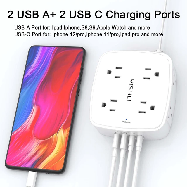 Alt view image 3 of 7 - 10 Ft Surge Protector Power Strip - 8 Widely Outlets with 4 USB Ports, 3 Side Outlet Extender with 10 Feet Flat Extension Cord, Ultra Flat Plug, Wall Mount, Desk USB Charging Station, ETL, White