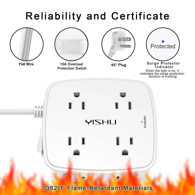 Alt view image 6 of 7 - 10 Ft Surge Protector Power Strip - 8 Widely Outlets with 4 USB Ports, 3 Side Outlet Extender with 10 Feet Flat Extension Cord, Ultra Flat Plug, Wall Mount, Desk USB Charging Station, ETL, White