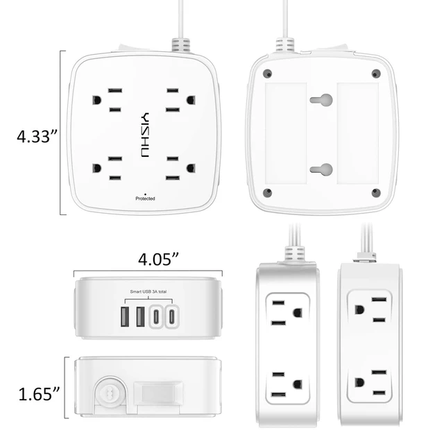 Alt view image 7 of 7 - 10 Ft Surge Protector Power Strip - 8 Widely Outlets with 4 USB Ports, 3 Side Outlet Extender with 10 Feet Flat Extension Cord, Ultra Flat Plug, Wall Mount, Desk USB Charging Station, ETL, White