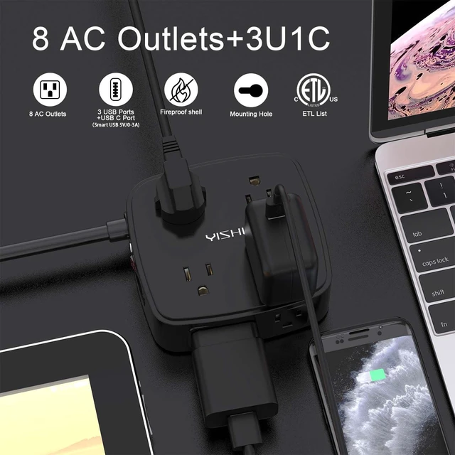 Alt view image 2 of 7 - 10 Ft Surge Protector Power Strip - 8 Widely Outlets with 4 USB Ports, 3 Side Outlet Extender with 10 Feet Extension Cord, Flat Plug, Wall Mount, Desk USB Charging Station, ETL, Black