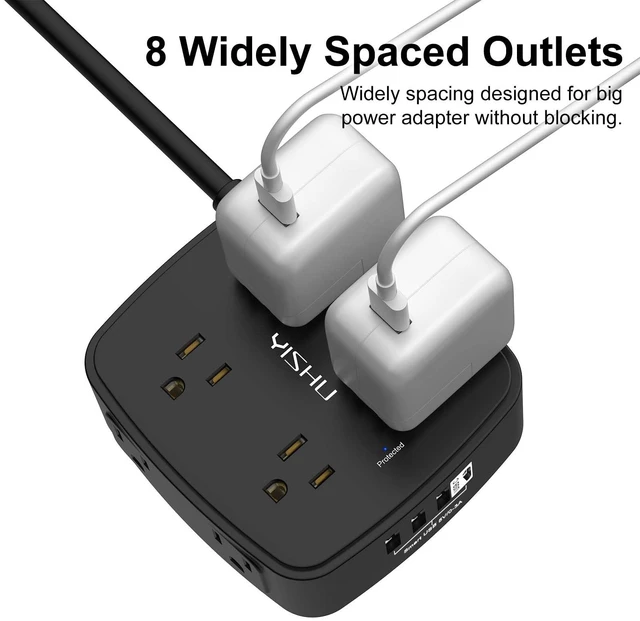 Alt view image 5 of 7 - 10 Ft Surge Protector Power Strip - 8 Widely Outlets with 4 USB Ports, 3 Side Outlet Extender with 10 Feet Extension Cord, Flat Plug, Wall Mount, Desk USB Charging Station, ETL, Black