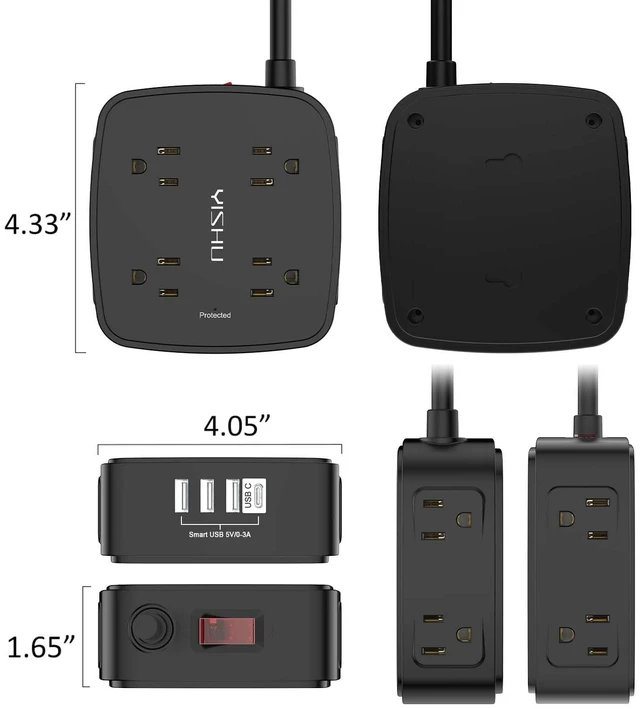 Alt view image 7 of 7 - 10 Ft Surge Protector Power Strip - 8 Widely Outlets with 4 USB Ports, 3 Side Outlet Extender with 10 Feet Extension Cord, Flat Plug, Wall Mount, Desk USB Charging Station, ETL, Black