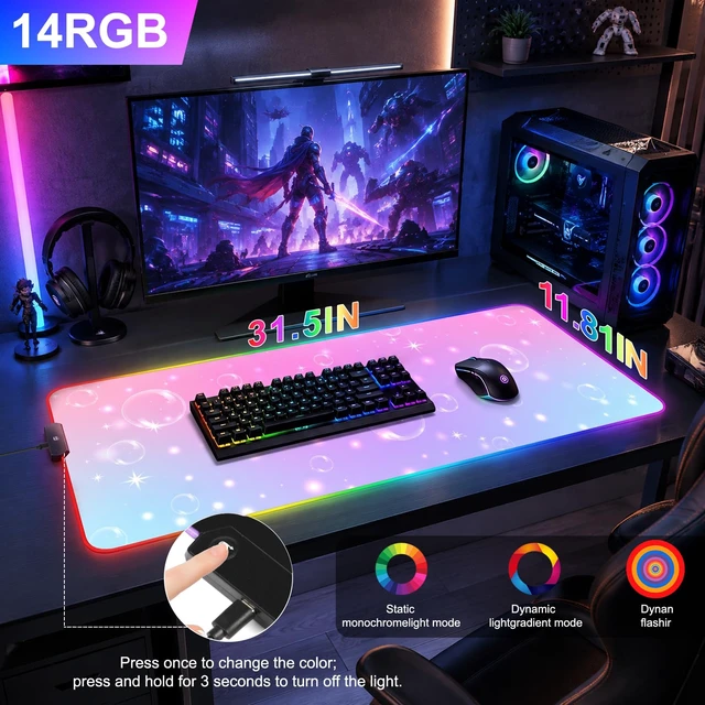 Alt view image 2 of 7 - RGB LED Gaming Mouse Pad, Desk Pad, Large Mouse Pad for Desk, Computer Mat | , Keyboard Mat, Mouse Pads for Desk, 14 Light Modes, Gaming Mouse Pad, Computer Mats for Desktop, 31.5×11.8 Inch