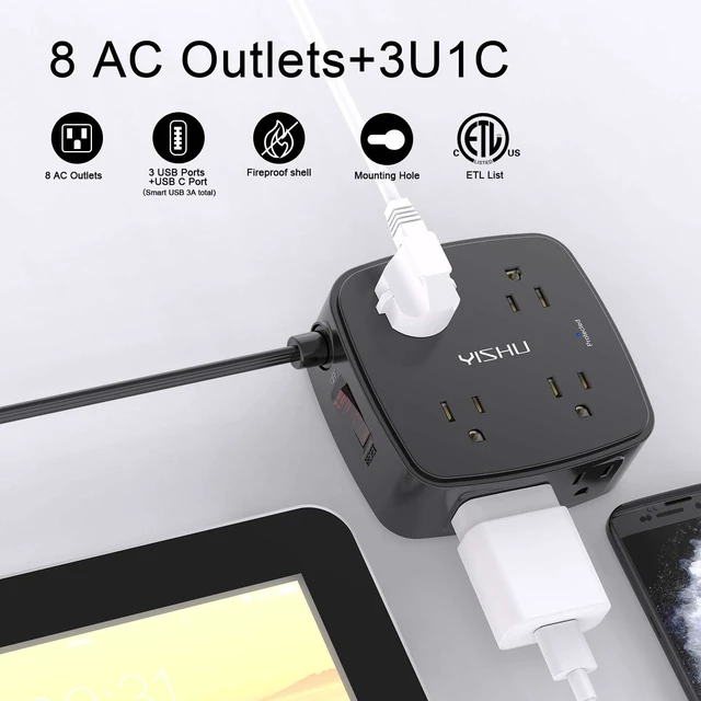 Alt view image 2 of 7 - 6 Ft Surge Protector Power Strip - 8 Widely Outlets with 4 USB Ports, 3 Side Outlet Extender with 6 Feet Flat Extension Cord, Ultra Flat Plug, Wall Mount, Desk USB Charging Station, ETL, Black