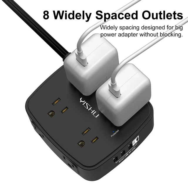 Alt view image 5 of 7 - 6 Ft Surge Protector Power Strip - 8 Widely Outlets with 4 USB Ports, 3 Side Outlet Extender with 6 Feet Flat Extension Cord, Ultra Flat Plug, Wall Mount, Desk USB Charging Station, ETL, Black