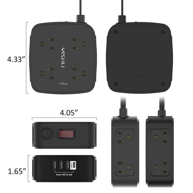 Alt view image 7 of 7 - 6 Ft Surge Protector Power Strip - 8 Widely Outlets with 4 USB Ports, 3 Side Outlet Extender with 6 Feet Flat Extension Cord, Ultra Flat Plug, Wall Mount, Desk USB Charging Station, ETL, Black