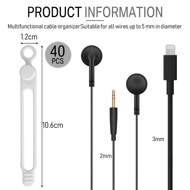 Alt view image 3 of 7 - 40 Pcs Silicone Cable Ties, 4.17 Inch, Black, White | Reusable Cord Organizers, Adjustable Cable Management Ties, for Earphones, Chargers, PC Wires, Office Desk Home Travel
