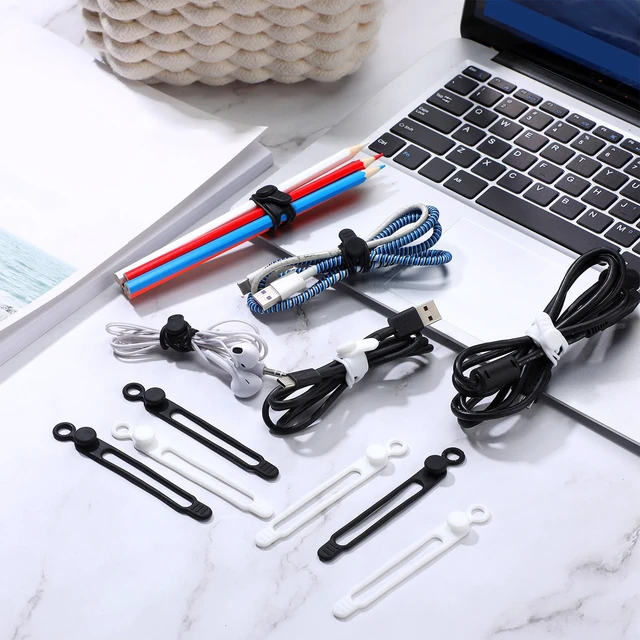 Alt view image 2 of 7 - 40 Pcs Silicone Cable Ties, 4.17 Inch, Black, White | Reusable Cord Organizers, Adjustable Cable Management Ties, for Earphones, Chargers, PC Wires, Office Desk Home Travel