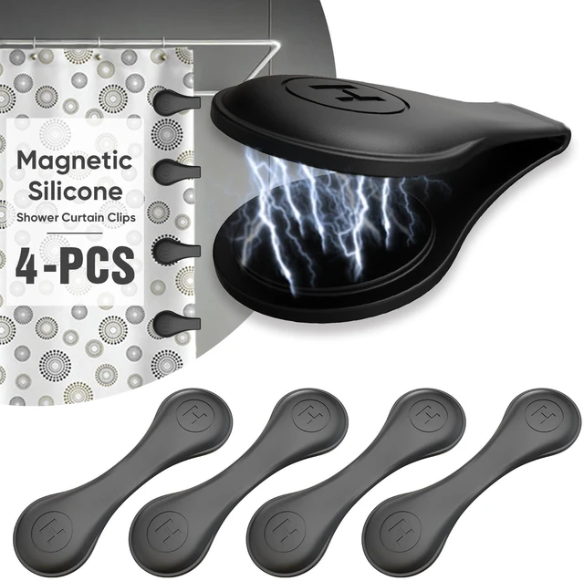 Main image of 4-Pack Magnetic Silicone Shower Curtain Clips, Keep Liner Closed, Black | Keeps curtain tight to wall, reduces splash, one-hand magnetic snap, built-in strong magnet, no-drill adhesive backing
